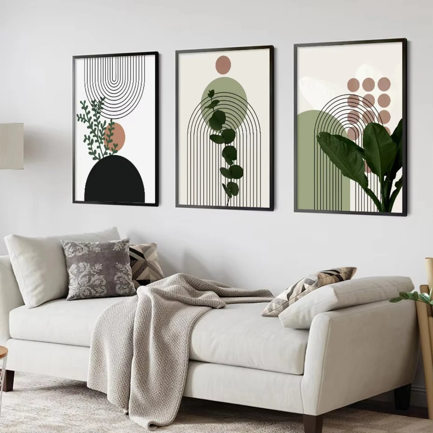 3pcs Modern Abstract Green Plants Leaf Sun Lines Wall  Art Canvas Painting Posters Prints Pictures Living Room Decor Gifts Nct