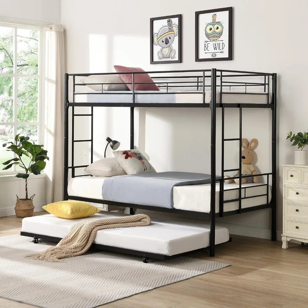 Twin Over Twin Bunk Bed Frame with Trundle,Metal Bunk Bed Bedframe with Guard Rail and 2 Ladders for Adults,Can be Divided into