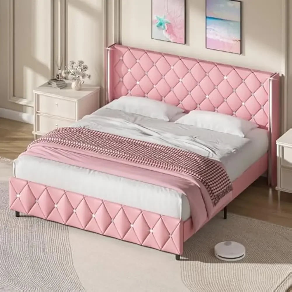 King Size Bed Frame with Wingback, Upholstered Beds Frames with Diamond Tufted Headboard and Footboard, No Box Spring Needed