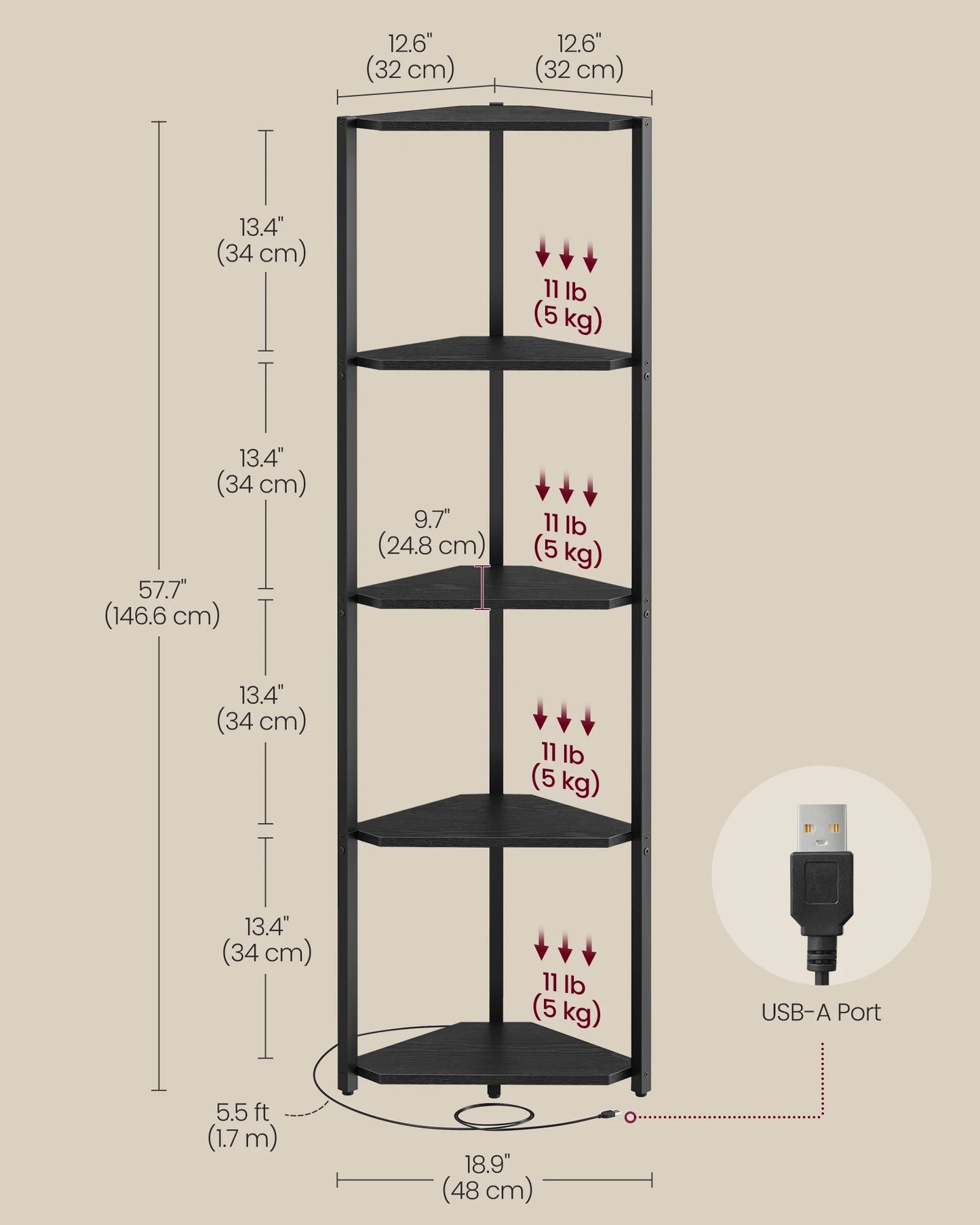 VASAGLE 5-Tier Corner Shelf, Bookcase with Adjustable LED Lights, Storage Shelf with Steel Frame
