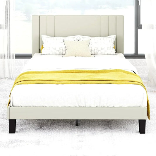 Queen Size Bed Frame, Velvet Upholstered Platform with Headboard, Beige(Beige, Queen (U.S. Standard))