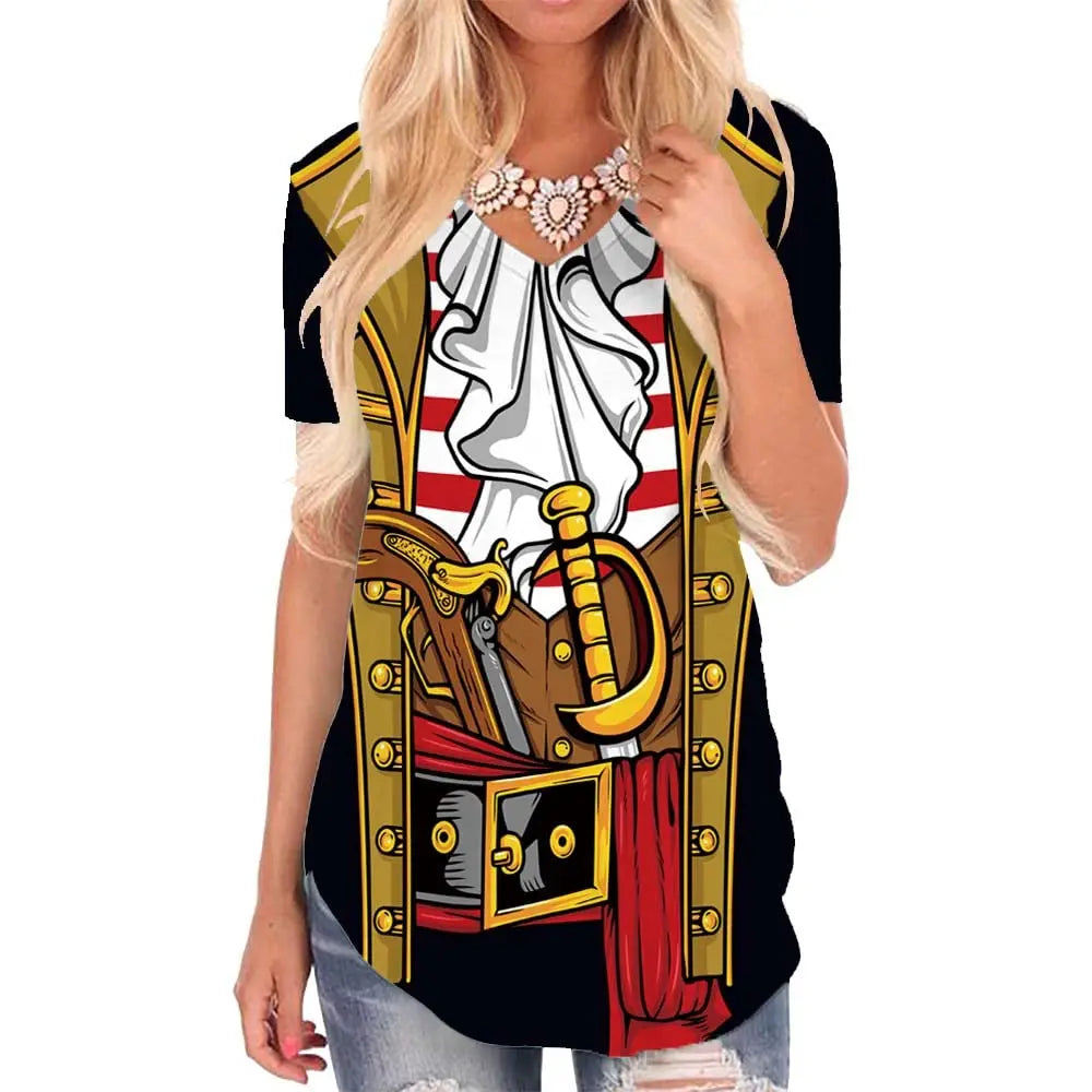 KYKU Pirate Shirt Costume Women V Neck Funny 3D Print Graphics Novelty Clothing