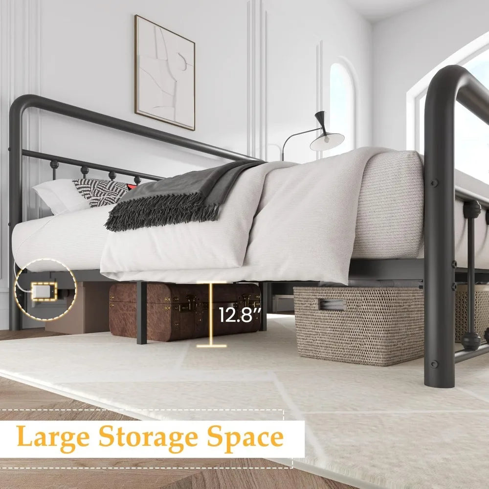 Bed Frame Classic Metal Platform Bed Frame with Charging Station & LED, Iron-Art  No Box Spring Needed, Noise Free, Black