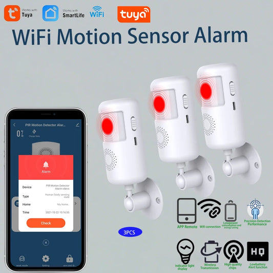 Smart PIR WiFi Motion Sensor Alarm with 110dB Siren & App Alerts, Tuya App for Remote Arm/Disarm,  Home Security System