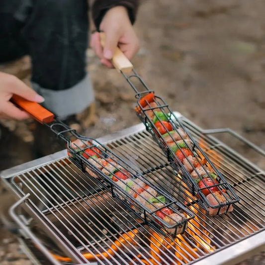 Wooden Handle BBQ Grill Basket - Outdoor Camping Grill Rack for Meat/Veggies, Charcoal Picnic Skewer Tool Party Camping Kitchen