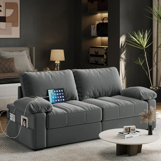 79" Velvet Modern Sofa Couch with Storage Pockets and USB Ports, 2 Seater with Removable Armrest Pillow & Cover for Living Room
