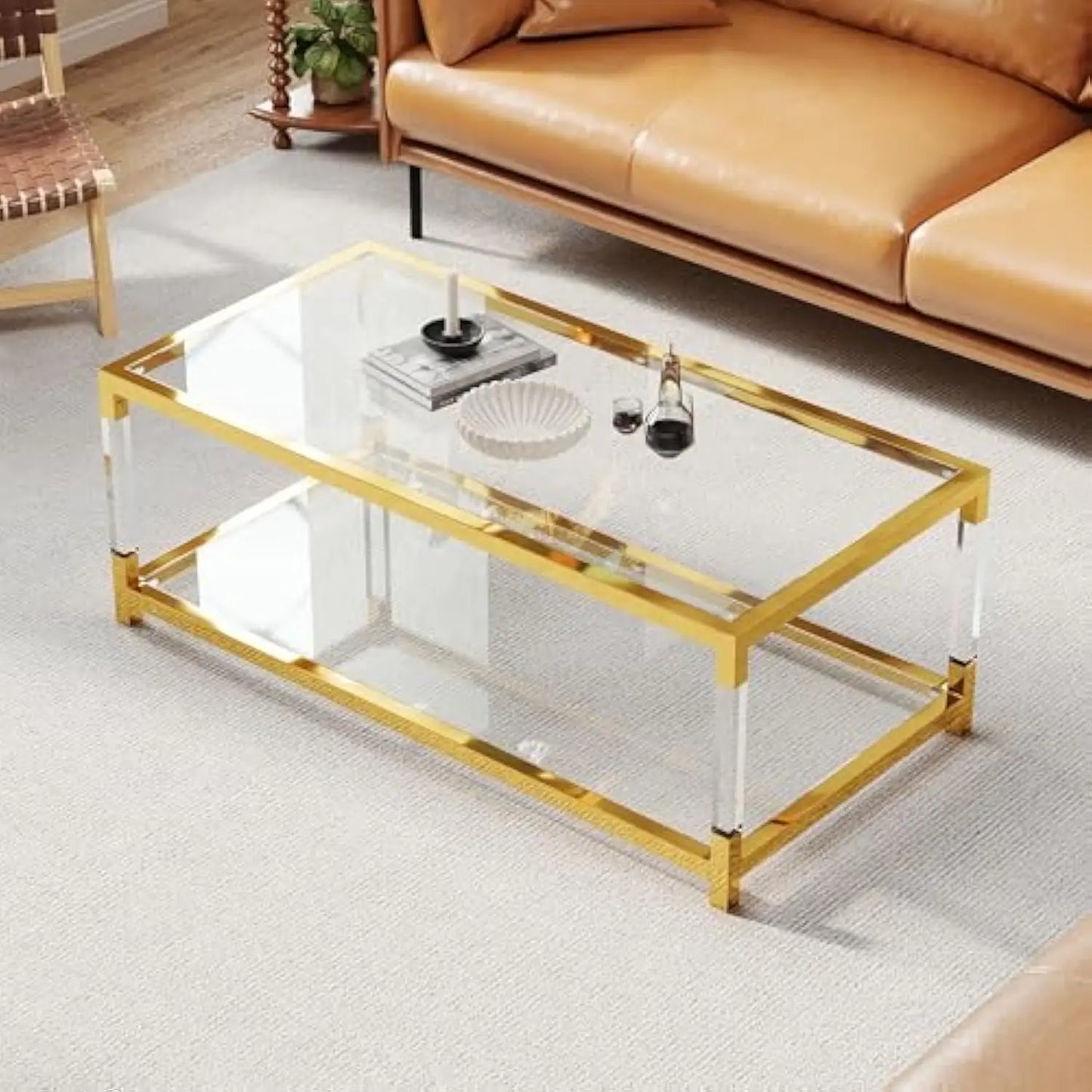 Glass Coffee Table, 47.2'' Modern Glass Table, Gold Stainless Steel & Acrylic Legs, Rectangular Center Table,Glass Top & 2-Tier