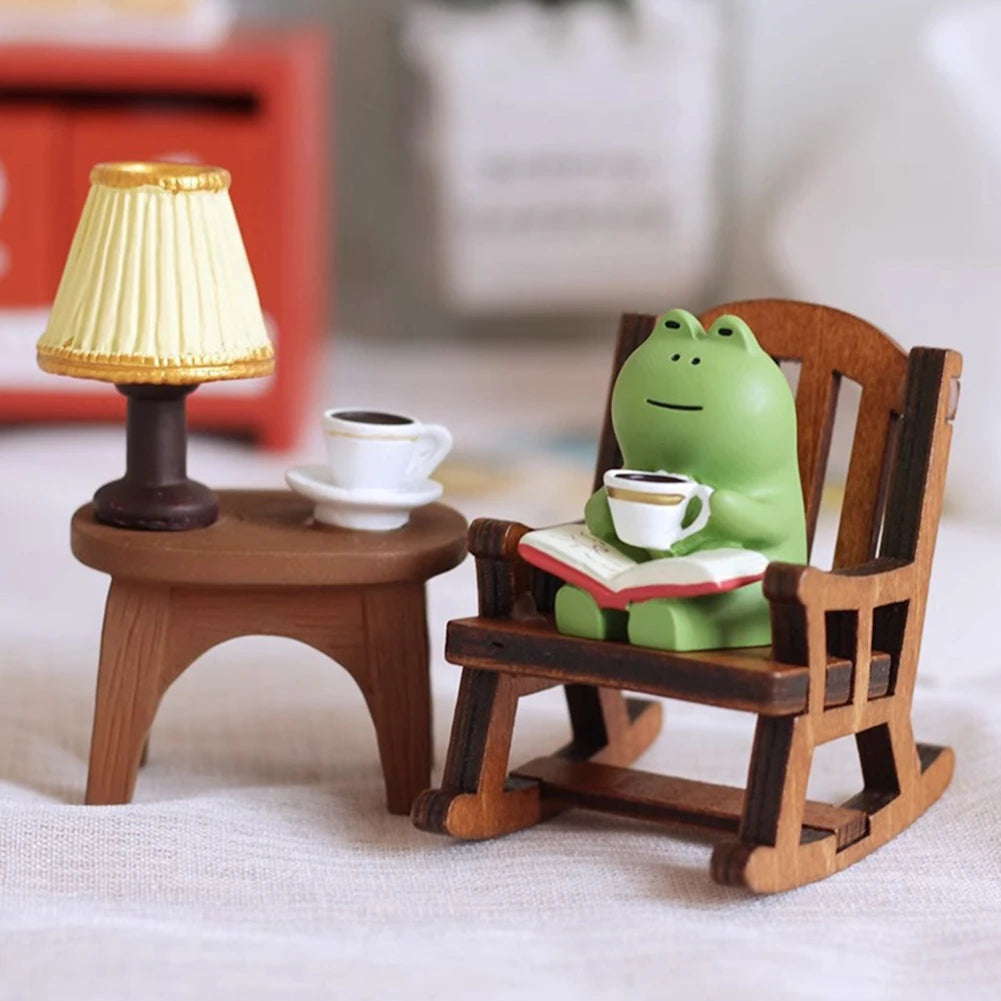 Frog Drinking Coffee Ornament Creative Funny Frog Reading Sculpture Miniature Frog Read Book Figurines for Shelf Desk Decoration