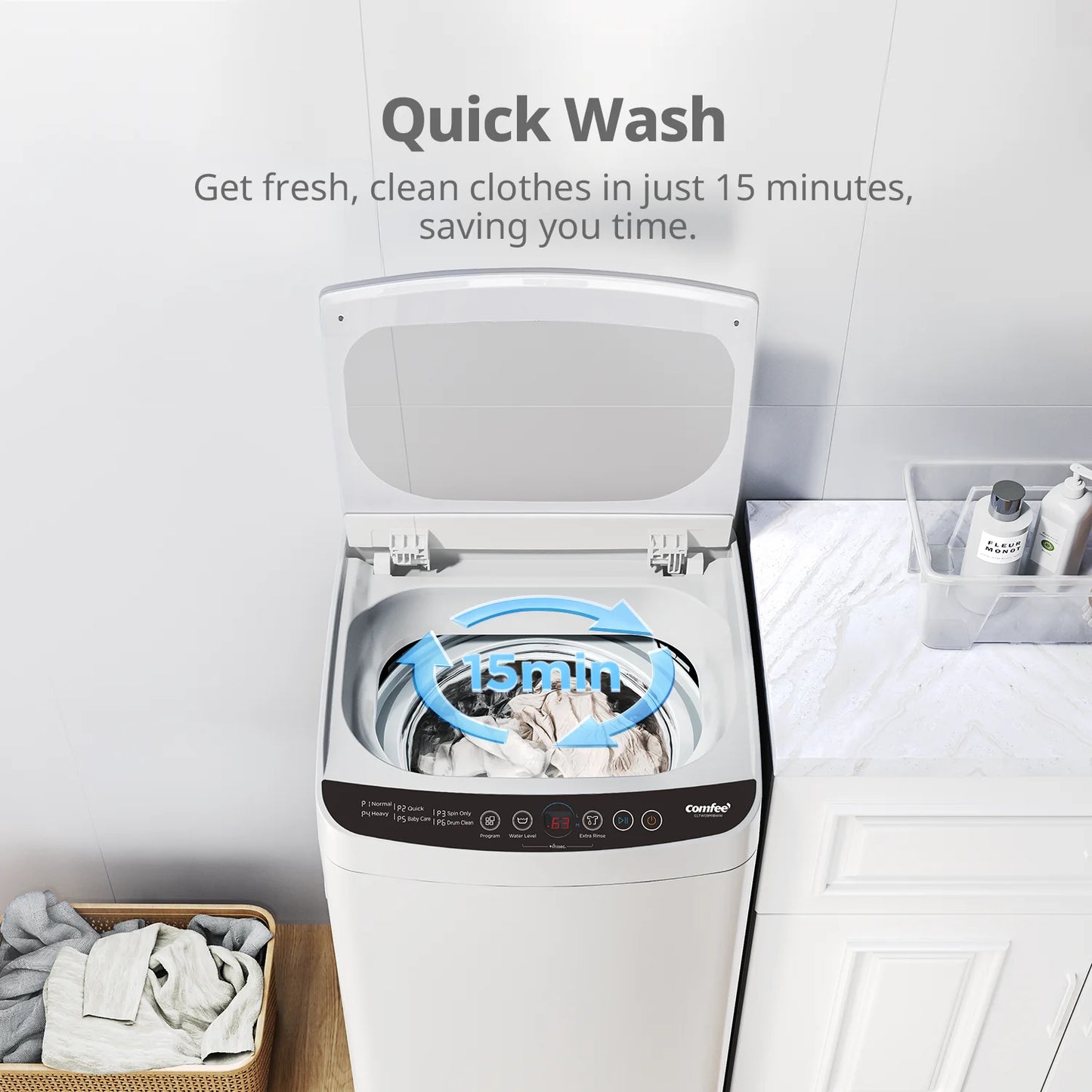 Comfee 0.9 cu.ft Portable Washing Machine, 5 Wash Cycles, LED Display, Compact Full-Automatic Washer with Wheels