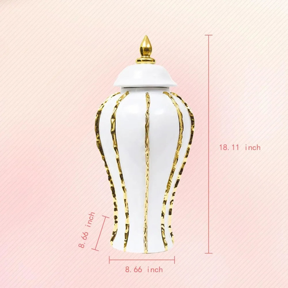 Ceramic Flower Vase with Gold Trim, Modern Decorative Vase Handmade for Weddings, Home Office,Living Room,Mantle Fireplace