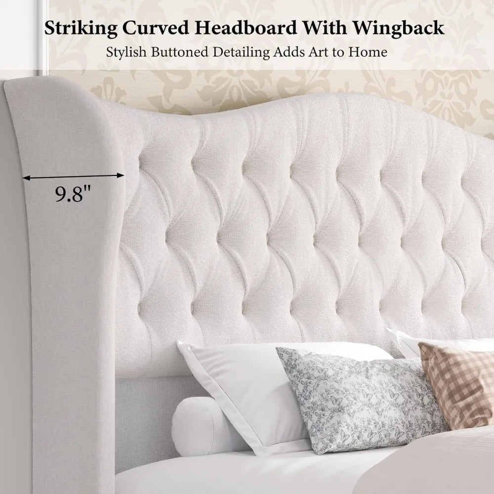 Bed Frame Chenille Upholstered Platform Sleigh Bed with 51" Scroll Wingback Tall Headboard & Footboard/Deep Button