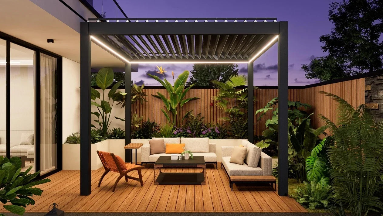 Patio Gazebo with LED Light Opening Louvered Garden Pergola Top Cover Awnings Automatic Retractable Aluminum Outdoor Pergolas