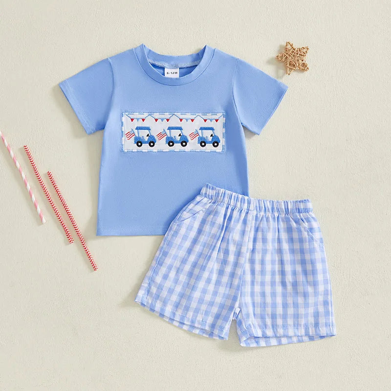 Infant Boy Independence Day Apparel Set with Short Sleeve Tee and Embroidered Shorts - Patriotic Toddler Outfit for 4th of July