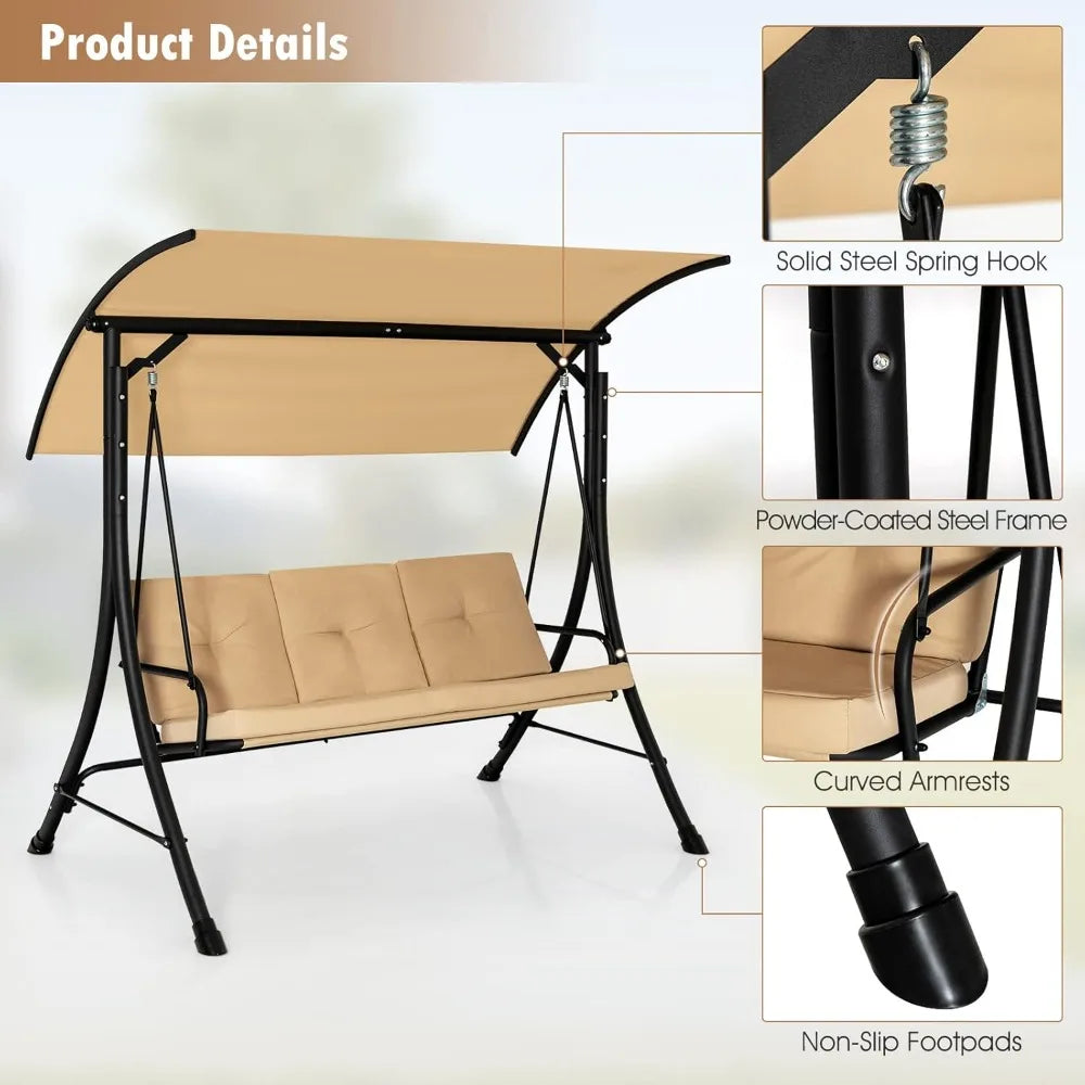 Garden Swing Chair, Outdoor Hammock with Adjustable Canopy and Soft Cushions, Steel Frame Porch Seat Lounger, Patio Swing Bench