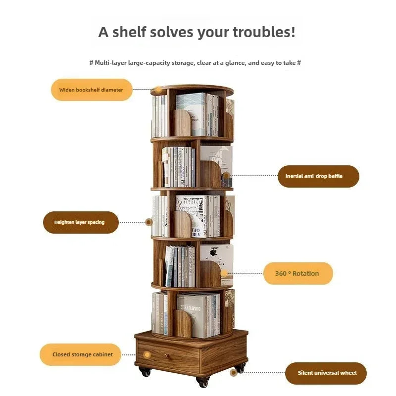 Rotating Bookshelf 360 Floor-to-ceiling Living Room Storage Shelf Home with Wheels Mobile Student Picture Book Shelf Bookcase