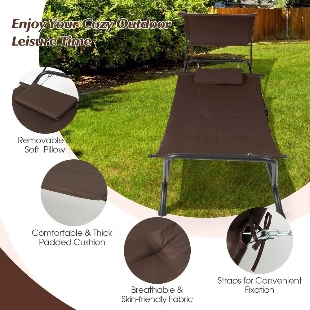 Outdoor Hammock, with Stand and Canopy, Patio Swing Hammock Bed with Cushion, Pillow & Storage Pocket, Hanging Chaise Lounge