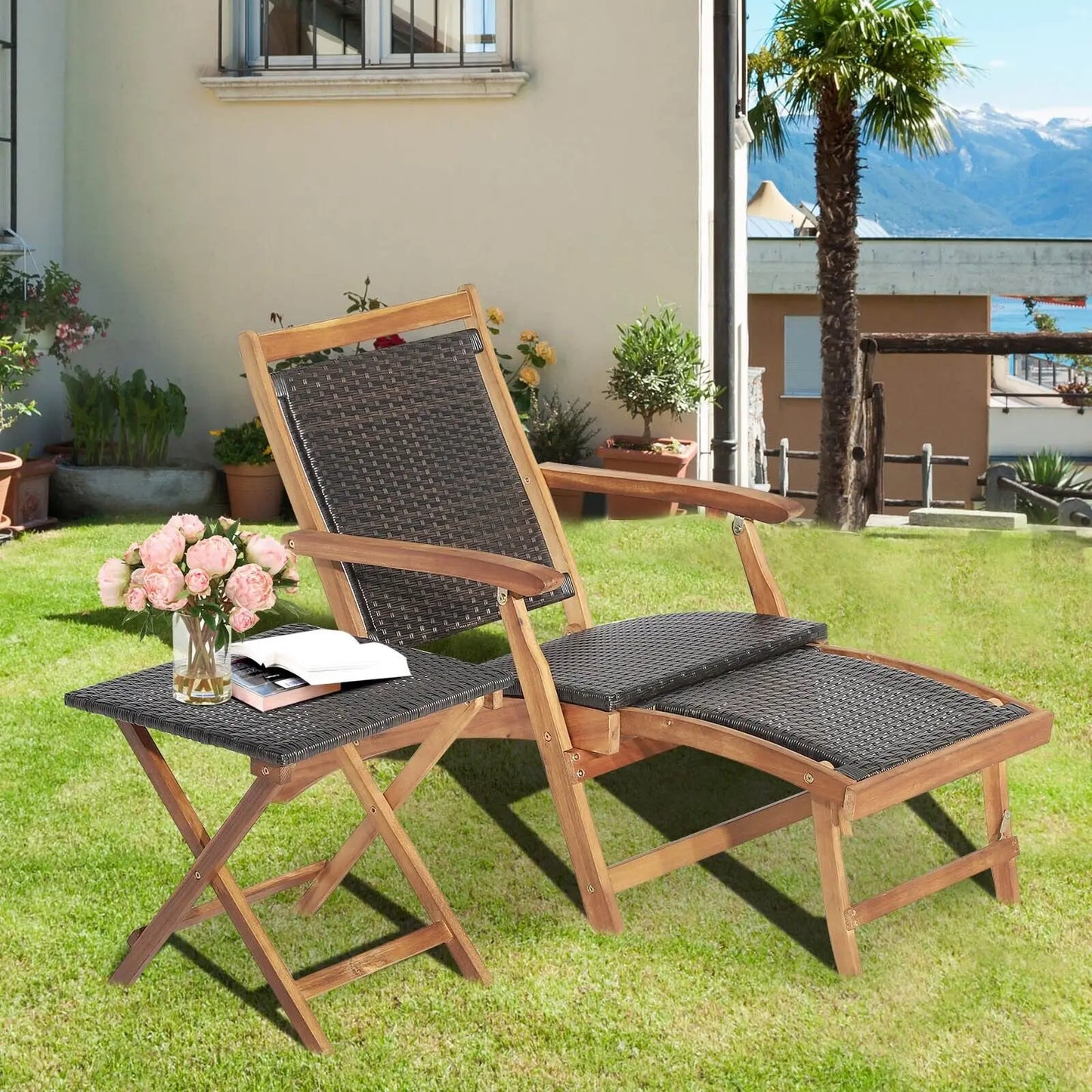 GOFLAME Folding Patio Rattan Sun Lounge Chair Table Set Wicker Table Acacia Wood Chair