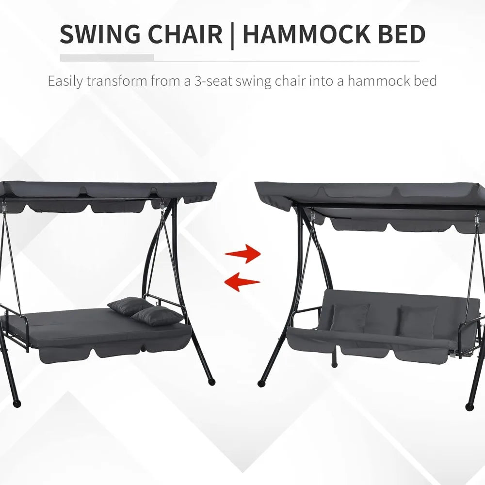 Garden Swing Chair, 2-in-1 3 Seater Garden Swing Seat Bed Hammock Bed Convertible Tilt Canopy W/Cushion, Patio Swing Bench
