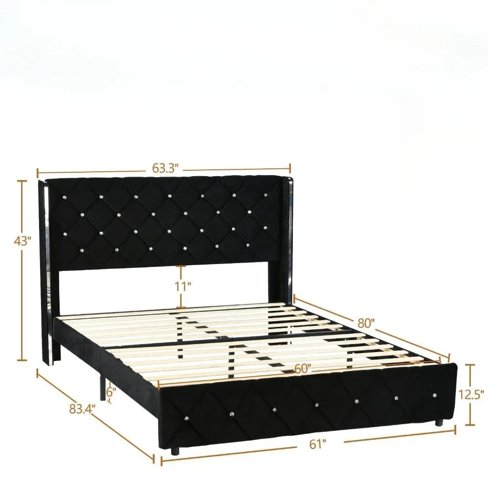 King Size Bed Frame with Wingback, Upholstered Beds Frames with Diamond Tufted Headboard and Footboard, No Box Spring Needed
