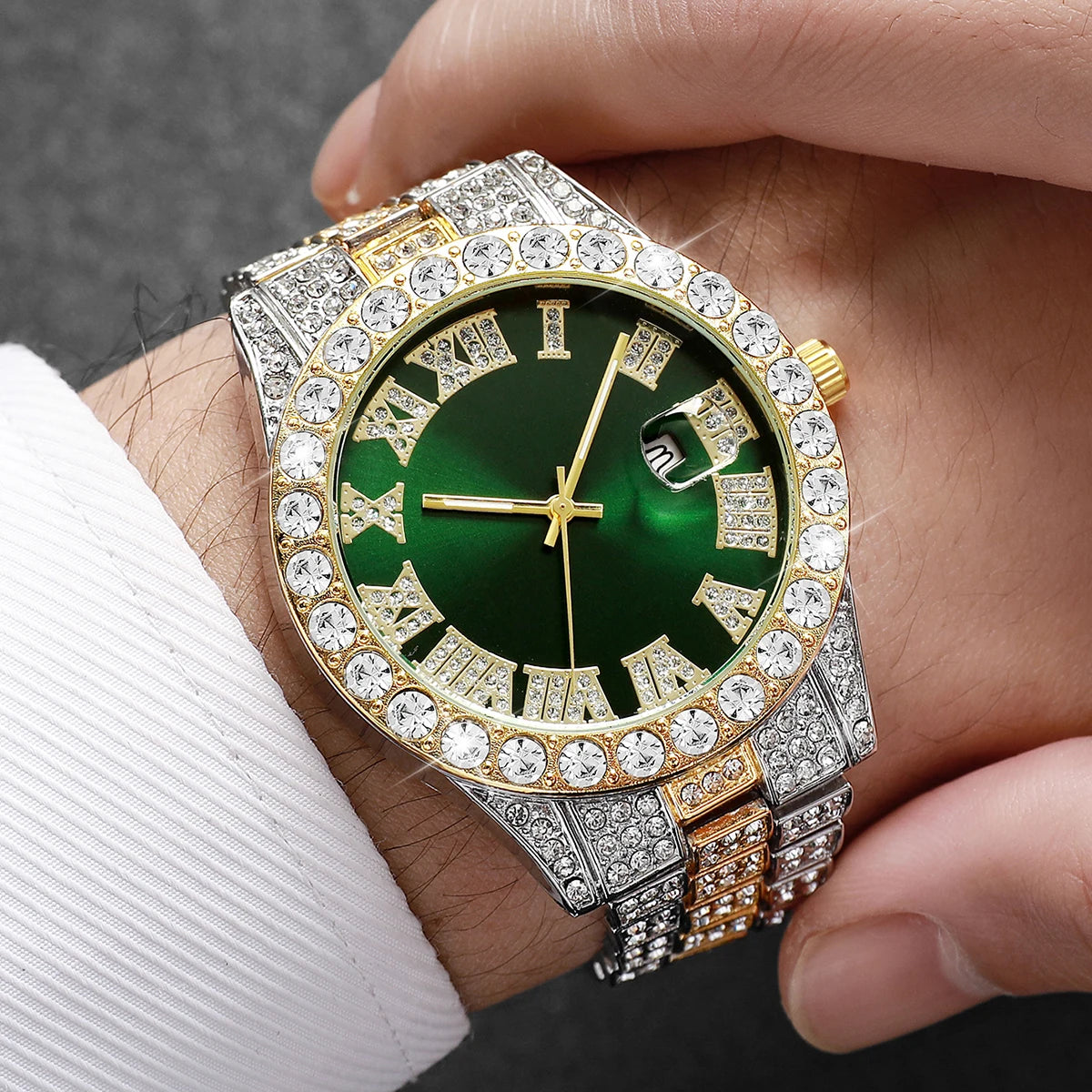 Fashion Full Diamond Men's Watch Stainless Steel Band Male Quartz Wristwatches Date Calendar Watches
