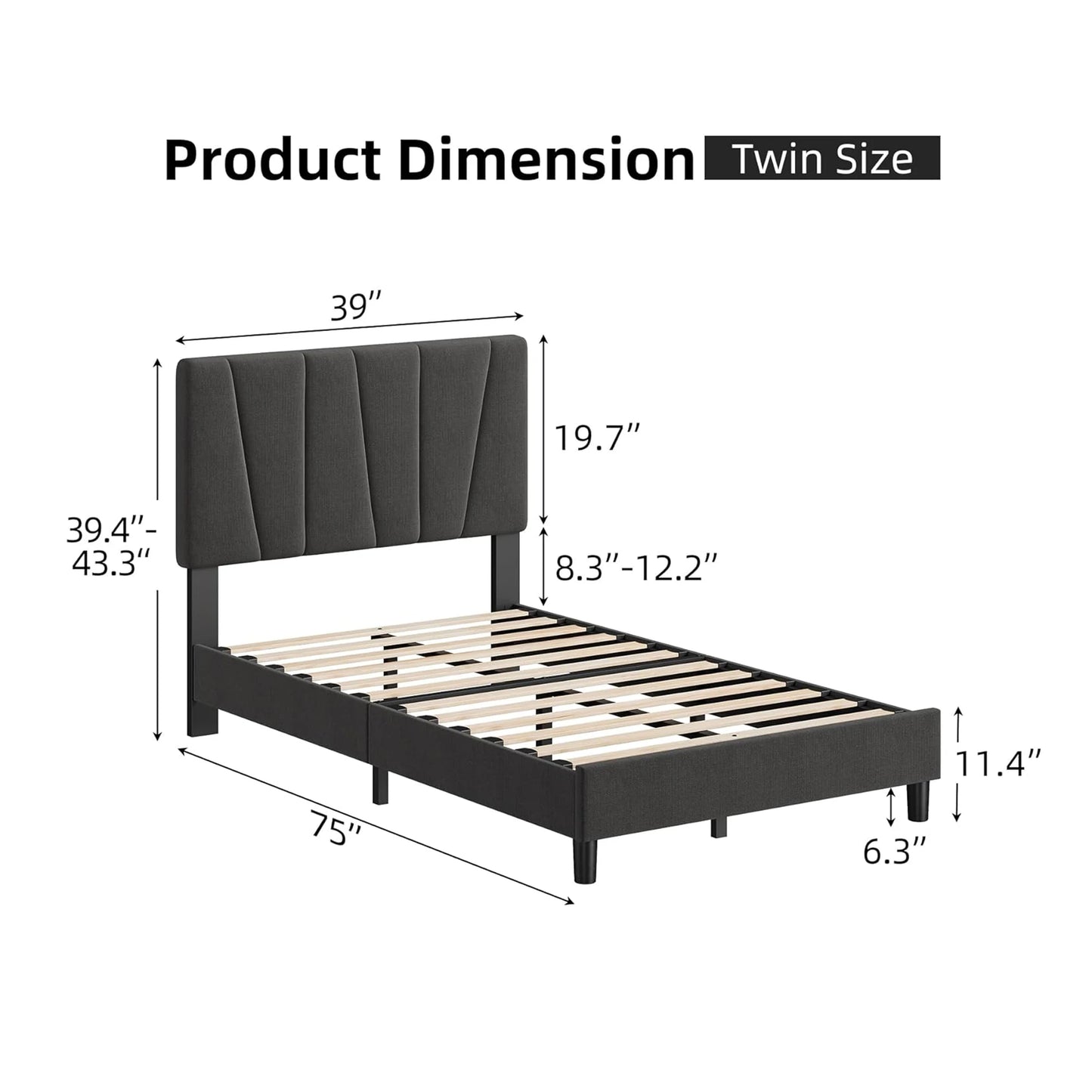 Bed Frame With Headboard, Linen Upholstered Platform Bed With Adjustable Diagonal Channel Tufted Headboard