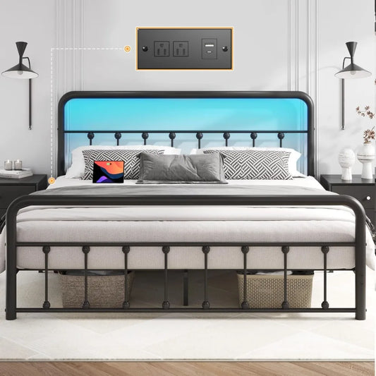 Bed Frame Classic Metal Platform Bed Frame with Charging Station & LED, Iron-Art  No Box Spring Needed, Noise Free, Black