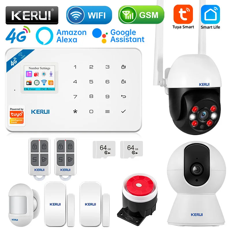 KERUI 4G/2G Smart Home Security Alarm System with Door Sensor Motion Detector Siren Tuya Smart WIFI GSM Burglar Alarm Kit
