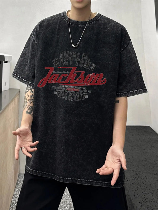 Vintage Washed Men's Letter Graphic T-Shirts Loose 100% Cotton Y2k Clothing Short Sleeve Crew Neck Tee Male Tops Summer Harajuku