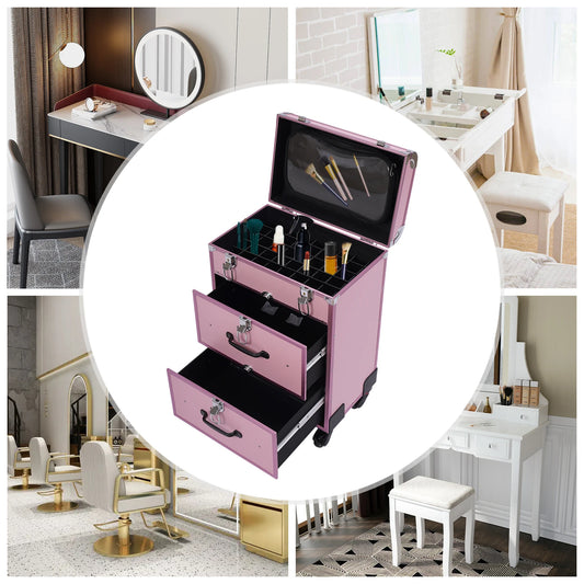 3 Layers Professional Makeup Rolling Train Case w/ 2 Drawers Make-up Traveling Case Trolley on Wheels Cosmetic Organizer w/Locks