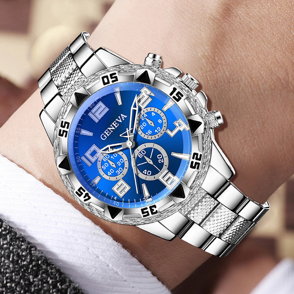 3PCS Luxury Men's Watch Set Fashion Trend Classic Quartz Watch Bracelet Necklace Set for Daily Clothing Matching or Holiday Gift