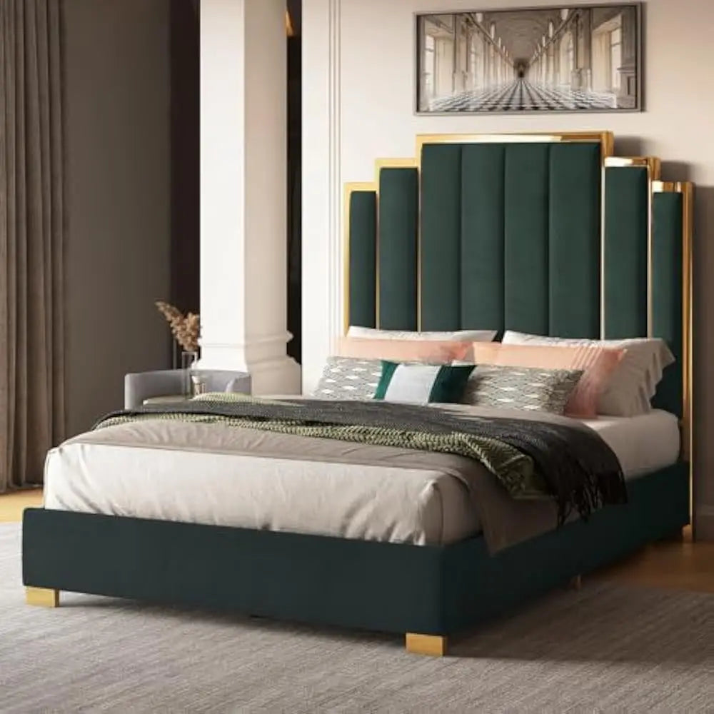 Queen Size Platform Bed Frame, 61.4" Velvet Upholstered Bed with Gold Trim Headboard/Wooden Slats/No Box Spring Needed