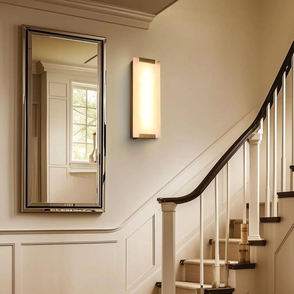 14.2 Large Natural Marble Wall Sconces Set, LED Modern Lighting for Home, Brushed Bronze 12W