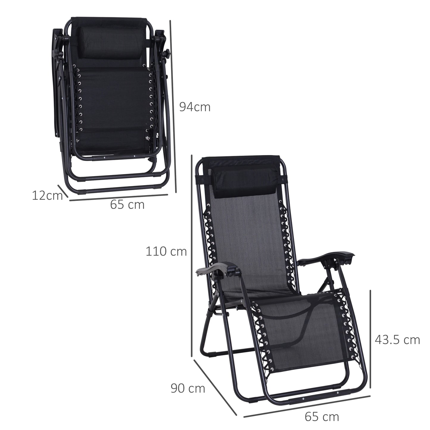 Outsunny Zero Gravity Chair Metal Frame Texteline Armchair Outdoor Folding and Reclining Sun Lounger , Black
