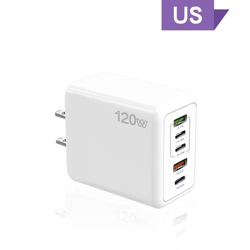 120W 5 in 1 2 USB 3 Type C Quick Charging Fast Wall Charger For iPhone Samsung Xiaomi Huawei Oppo Mobile Phone Adapter