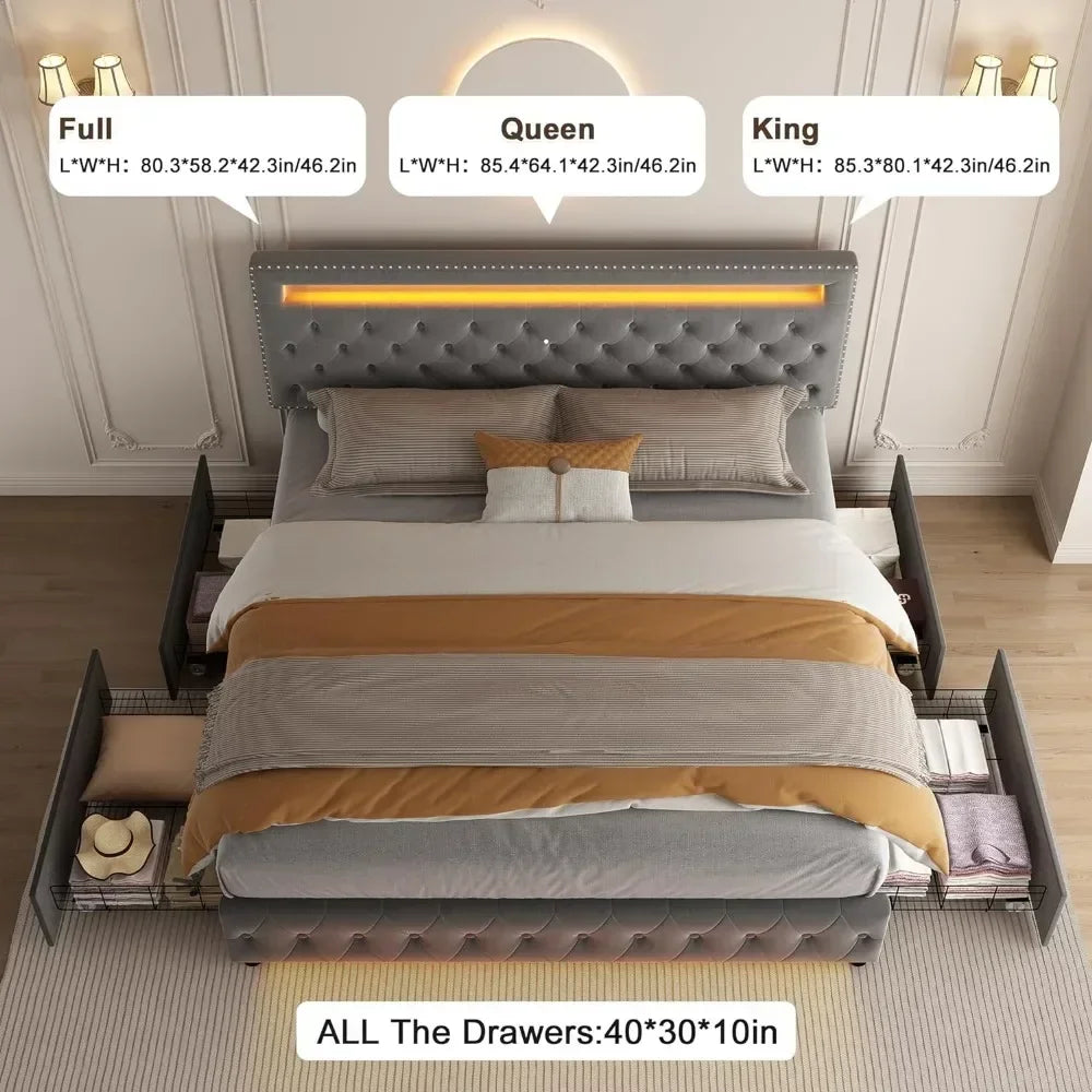 LED Queen size Bed Frame with 4 Storage Drawers, Headboard Footboard, Control DIY Color, Box Spring Optional, Bed Frame