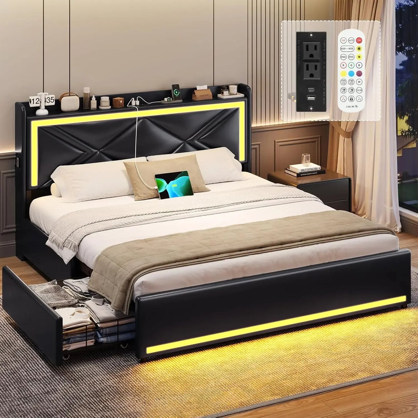 Queen Bed Frame with RGB LED Lights Headboard & USB-C/A Charging Station, Upholstered Platform Bed with Storage Drawers