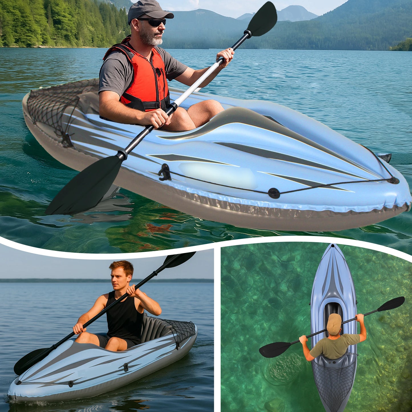 Inflatable Blue Kayak Fishing Boat 1 Person Adult Canoe, with Paddles, Bag, Seats, High-Output Pump, Fin, for Lakes & Rivers