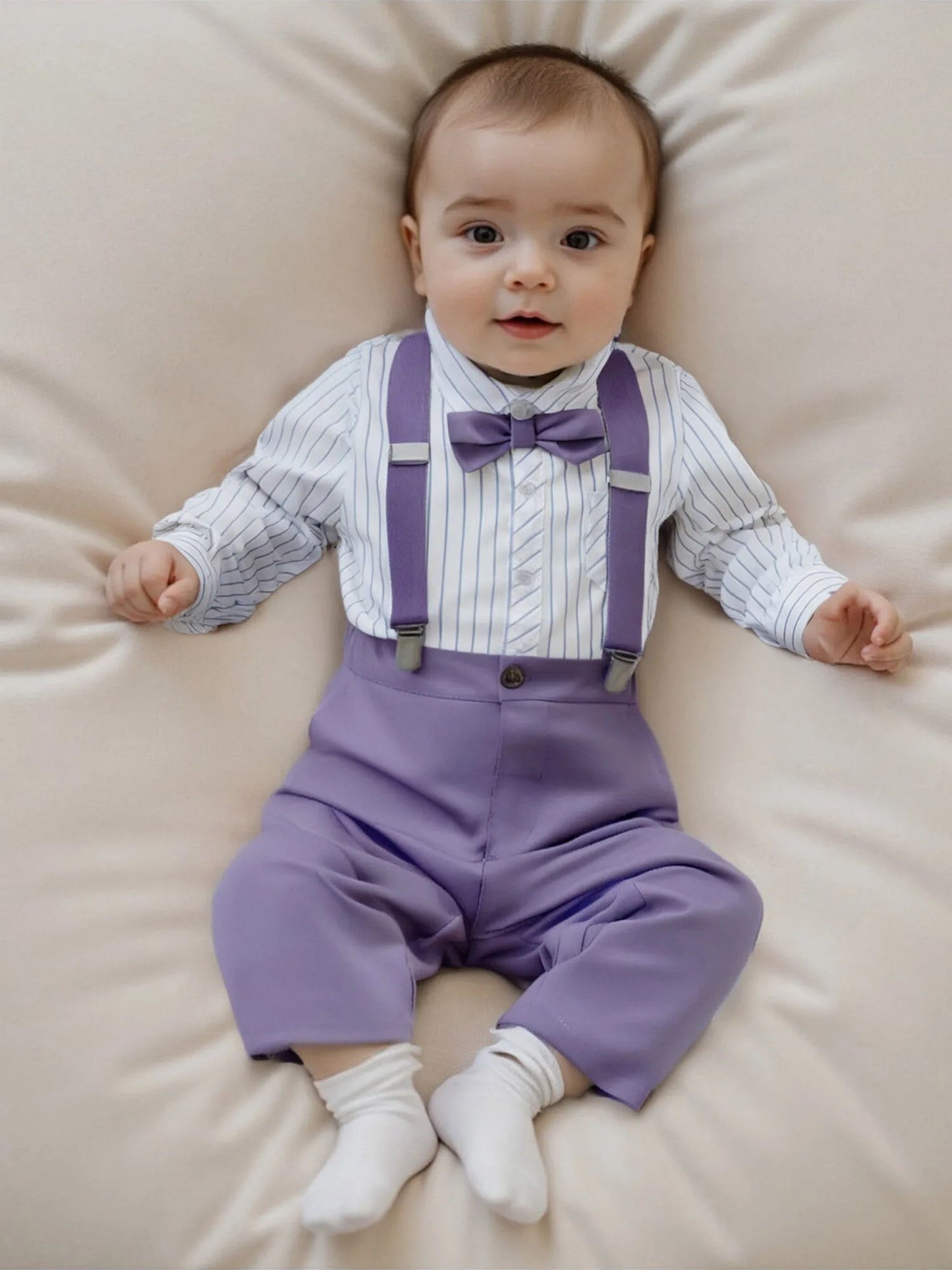 Baby Boy Formal Wear Striped Shirt and Suspender Pants Set for Special Occasions and Photoshoots