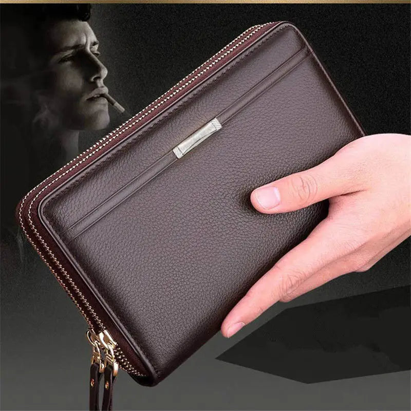 Men's Long PU Leather Clutch Wallet Large Capacity Business Double Zipper Card Holder Cellphone Handbag For Organized