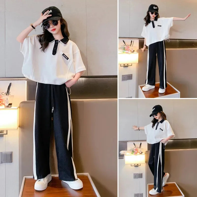 2025 spring summer Girls clothes children set Kids loose t-shirt top and bottom striped wide leg pant 4 8 10 14 15 years teens