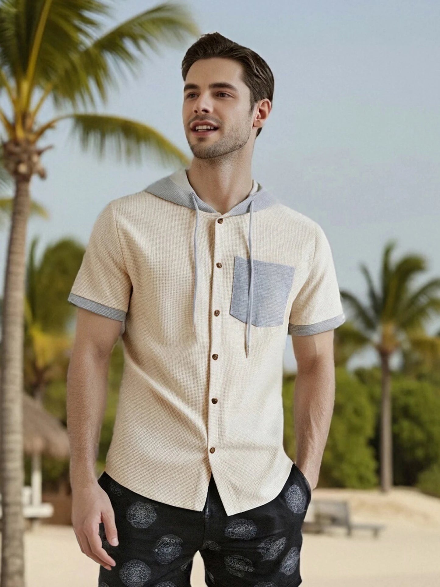 Men s Patchwork Drawstring Hooded Button Down Short Sleeve Waffle Hoodies T-Shirts Casual Tops for Summer Fashion Style
