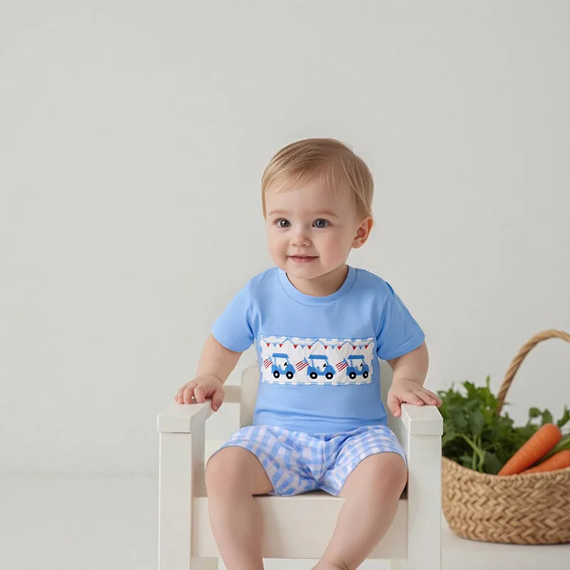 Infant Boy Independence Day Apparel Set with Short Sleeve Tee and Embroidered Shorts - Patriotic Toddler Outfit for 4th of July