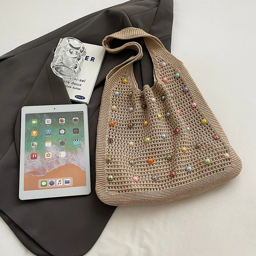 Women Crochet Shoulder Bag Knitted Tote Bag Large Capacity Fashion Tote Handbags with Colorful Pearls Outdoor Travel Bag