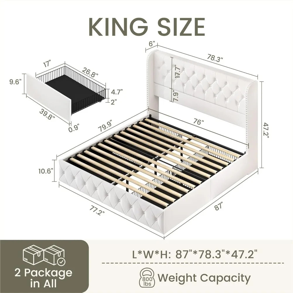 King Size Bed Frame with 4 Storage Drawers and Wingback Headboard Velvet Upholstered Platform Bed Frame Tufted Beds with Wooden