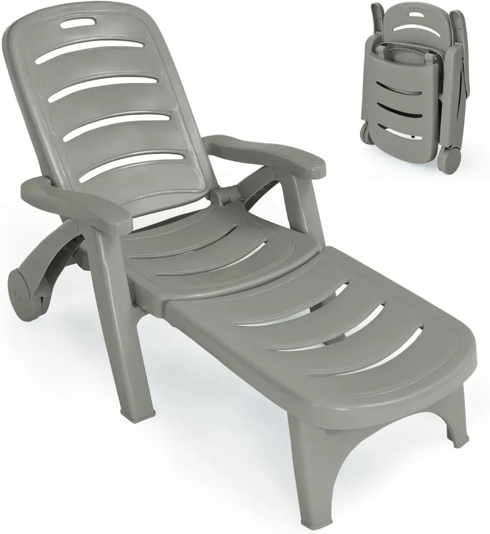 Folding Sunlounger with Wheels, 5-Position Adjustable Outdoor Deck Chair Furniture, Garden Beach Patio