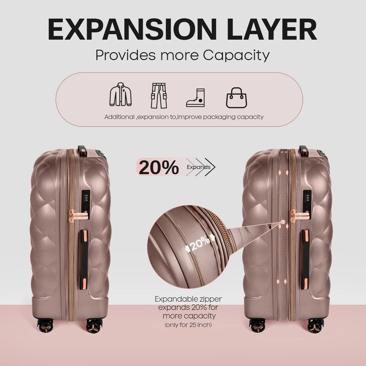 25 inch Medium Check in Luggage TSA Lock Lightweight Hard Shell Suitcase Telescopic Handle Black