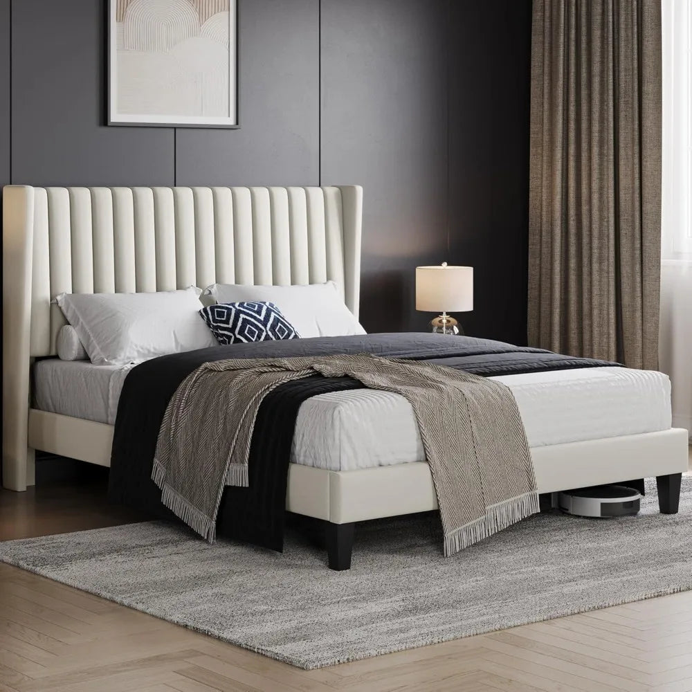 Bed Frame Upholstered Platform Bed with Fabric Headboard, Wing Edge Design/Non-Slip and Noise-Free/Wooden Slats Support