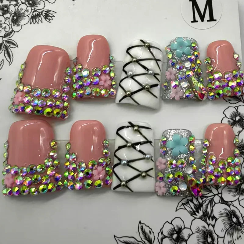 10pcs Handmade Duck Press on Nails Y2K False Nails Leopard Print Fake Nail Tips Short French Design Ins Spice Girl Wearable