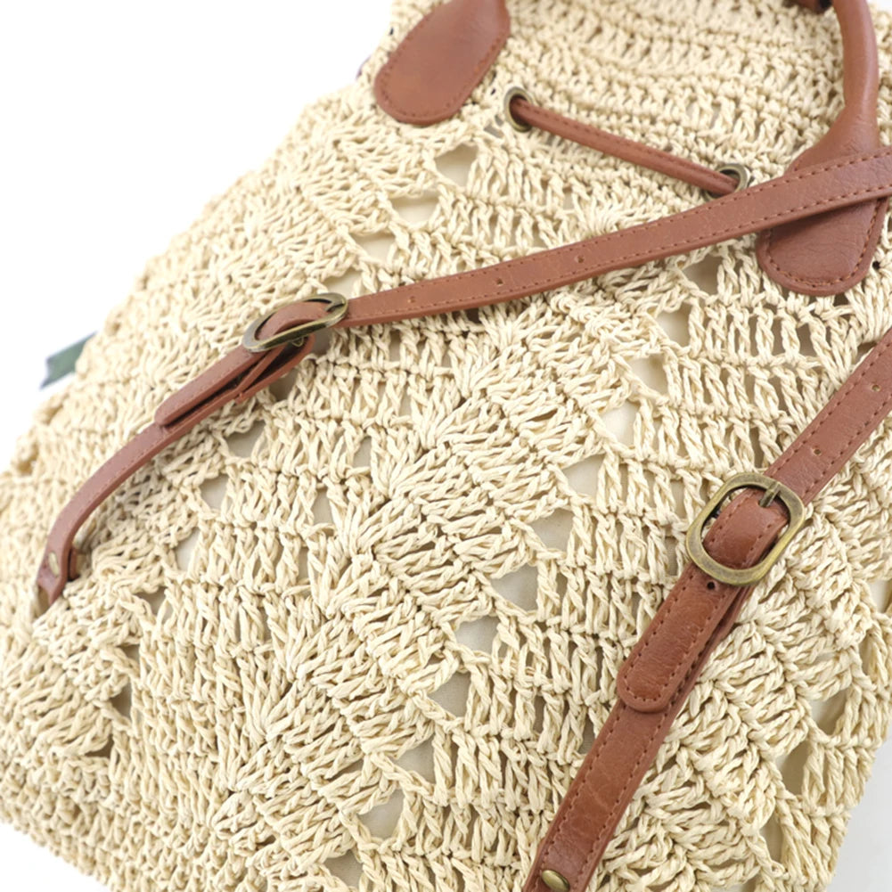 Women Straw Backpack Shoulders Bag Handmade Woven Casual Beach Top Handle Bag