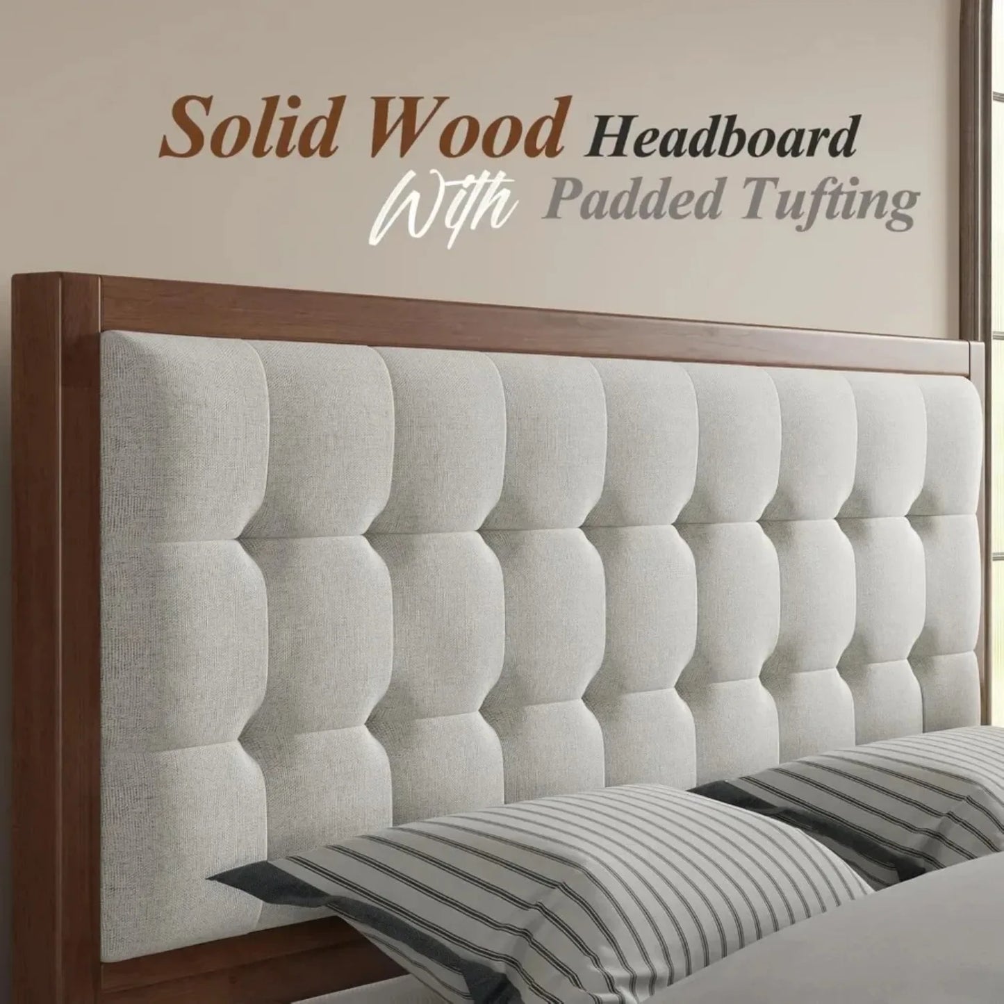 Wood Platform Bed Frame King Size Upholstered Tufted Headboard/Solid Wood Bed No Box Spring Needed,Walnut
